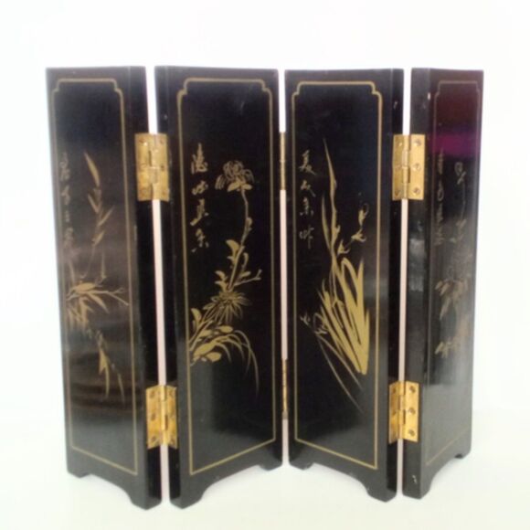 Asian Laquer Ware Stone Inlaid Table Top Folding Screen - Picture 4 of 4